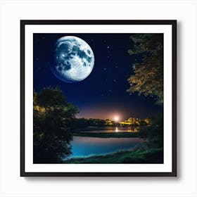 Full Moon Over Lake 2 Art Print