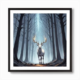 A White Stag In A Fog Forest In Minimalist Style Square Composition 14 Art Print