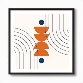 Mid Century Modern Geometric Abstract, Rainbow, Sun and Moon Phases, Scandinavian in Navy Blue Orange 1 Art Print