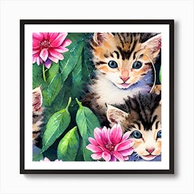 Kittens And Flowers Art Print