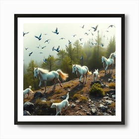 Into the Wild: Harmony of Horses, Dogs, and Birds in Nature's Embrace Art Print