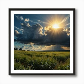 A Beautiful Blue Heavenly Sky With The Sun Peeking Behind Glowing Onto A Landscape 1 Art Print