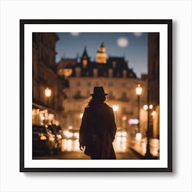 Woman Walking Down The Street At Night Art Print