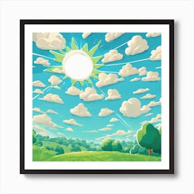 Cartoon Landscape With Sun And Clouds Art Print