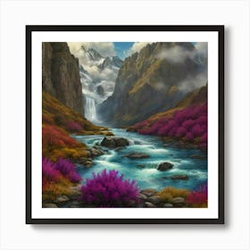 Waterfall In The Mountains Art Print