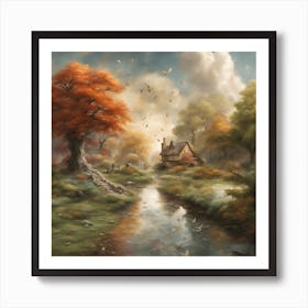 Cottage By The Stream Art Print