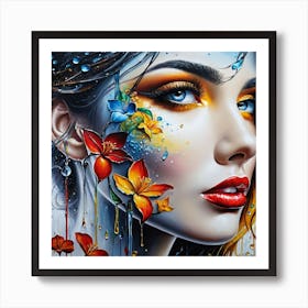 Portrait Of A Women Face With Waterdrops Floating Colors And Flower Decoration As A Beautiful Oil Painting Art Print