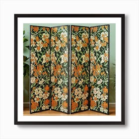 A Floral Design In A Green And Orange Room Divid (3) Art Print