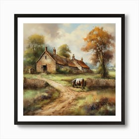 The old British countryside, a work of wall art dating back to 1960, with all its details and colours. The farm is an old oil painting in faded oil colours.8 Art Print