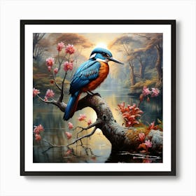 Kingfisher With Pink Tree Blossom Beside River 1 Art Print