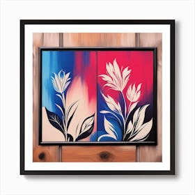 Blue flower painting and black and white background with antique style wood design, Art Print