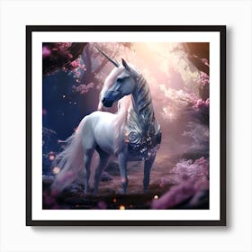 white unicorn with a long mane in a mystical fairytale forest, mountain dew, fantasy, mystical forest, fairytale, beautiful, purple pink and blue tones, dark yet enticing, Nikon Z8 3 Art Print