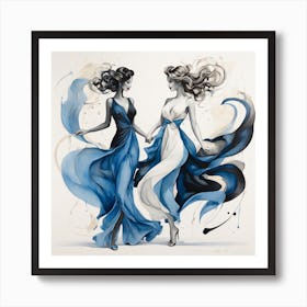 Two Women In Blue Dresses Art Print