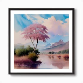 Pink Tree By The Lake Art Print