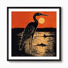 Retro Bird Lithograph Egret 1 Art Print