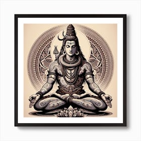 "Ascetic Grace: Lord Shiva in Meditative Repose" - This artwork is a profound representation of Lord Shiva, the Hindu deity of destruction and regeneration, depicted in deep meditation. The sepia tones and intricate patterns that adorn his form and the mandala behind him reflect the complexity and richness of spiritual practice. The image exudes a sense of peace and timeless wisdom, with Shiva's closed eyes and serene posture inviting onlookers to explore their own inner peace. This piece is perfect for those who seek to bring a touch of divine contemplation and traditional elegance into their living space. Art Print