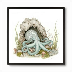 Storybook Style Octopus Relaxing In An Underwater Cave 1 Art Print
