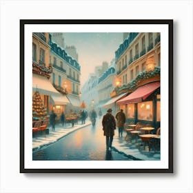 Paris cafes, winter season, Christmas, pale colors, pedestrians in the street, winter clothes, falling snow.2 2 Art Print