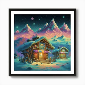 Mountain village snow wooden huts 16 Art Print