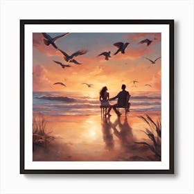 Two lovers walking on the beach at sunset 2 Art Print