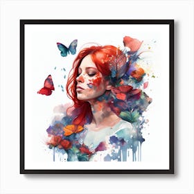 Watercolor Floral Red Hair Woman #2 Art Print