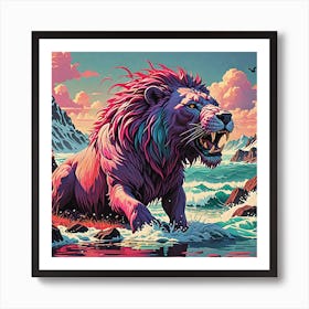 Lion In The Water Art Print