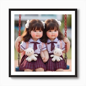 Two School Girls On Swings Art Print