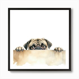 Pug Dog Peeking Over A Sign Art Print