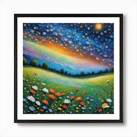 Stellar Dawn: A Floral Symphony Under Cosmic Skies. Landscape wall art Art Print