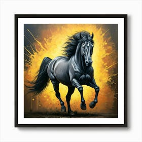 A Painting Of A Black Horse Galloping With A Vibrant Yellow And Orange Splattered Background Art Print