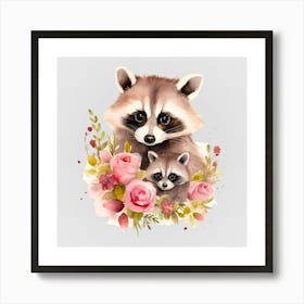 Watercolor Spring Mama And Baby Raccoons Art Print