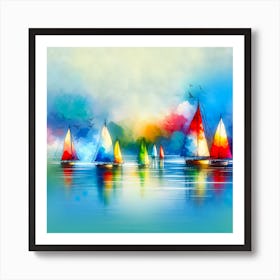 Sea Sailboats At Sunset Artwork Painting Square Art Print