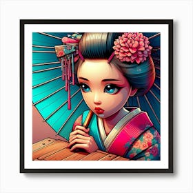 Shy Youn Comic Geisha With Umbrella Color Illustration Art Print