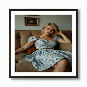 woman in Blue Floral Dress Art Print