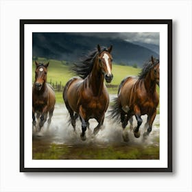 Horses Running In The Rain Art Print