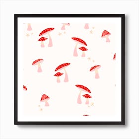 Mushrooms Red And Pink On White Square Art Print