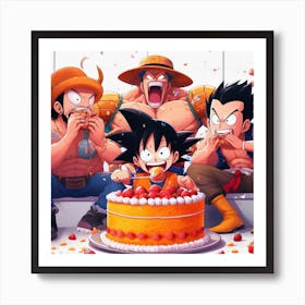 Anime friends angrily eating cake! Art Print