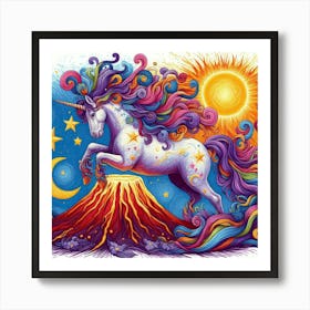 A Unicorn With Colorful Streaks Of Ribbon With Purple Feathers Sun And Moon And Star In A Volcano Of Red Van Gogh Style Art Print