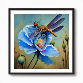 Dragonfly On Blue Poppy Art Print