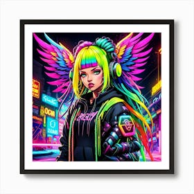 Neon Girl With Wings 2 Art Print