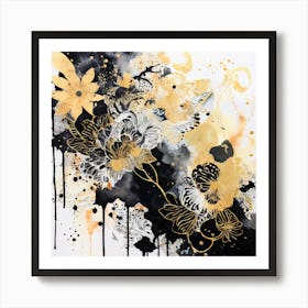 Black And Gold, Abstract Floral Painting, Design An Eclectic Collage With Overlapping Layers Of Lace Watercolor Splatters And Black Art Print