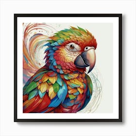 A colorful parrot in the style of intricate psychedelic swirl patterns, in the style of Magali Villeneuve, love and romance, in the style of Caravaggio, colorful Moebius, white background 1 Art Print