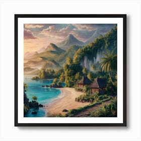 Tranquil Bali Beach and Mountain Vista - Serene Landscape Painting for Your Space Art Print