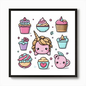 Cute Unicorns And Cupcakes Art Print