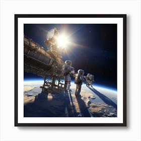 Astronauts Tethered To A Spacecraft Perform A Spacewalk Above Earth Art Print