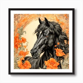 Black Horse With Orange Flowers Art Print