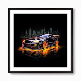 Skyline R34 Variant Orange Neon With City Backdrop Art Print