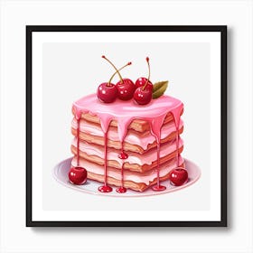 Pink Cake With Cherries 1 Art Print