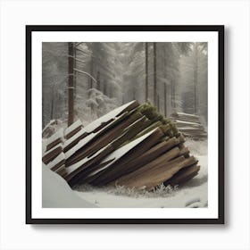 Small wooden hut inside a dense forest of pine trees with falling snow 11 Art Print