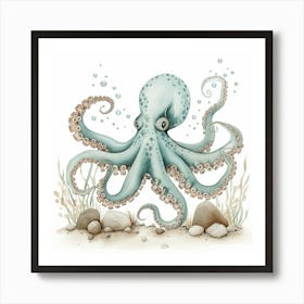 Storybook Style Octopus With Rocks 2 Art Print